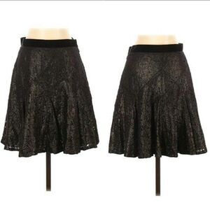 Anna Sui Goth Witchy Black Lace Skater Skirt Full Ribbon Gold Highlights Sz 4